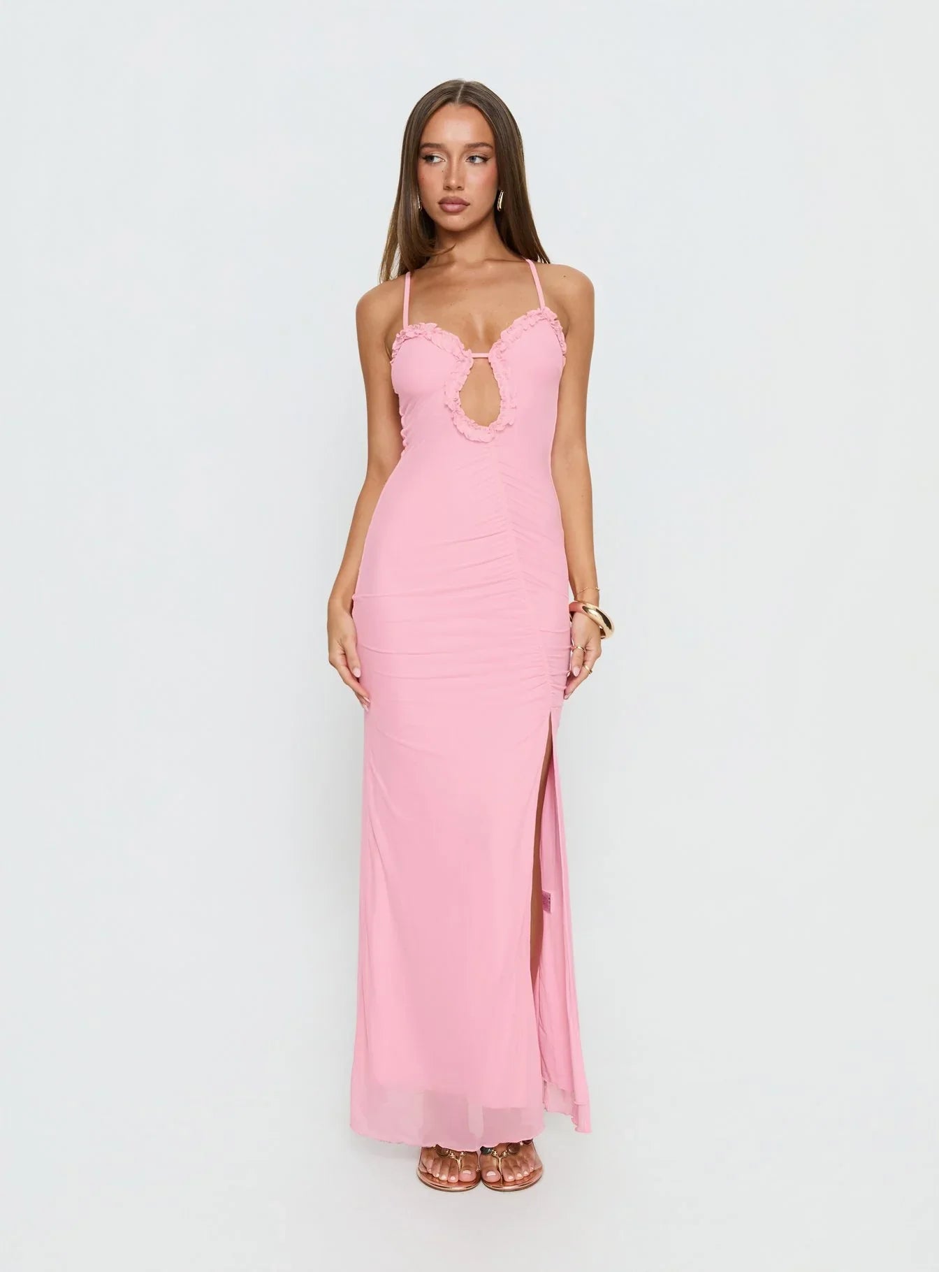 Pink Spaghetti Strap Prom Dress with Ruffled Bust Keyhole Cutout and Cross Back for Formal Events and Prom Nights