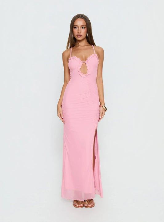 Pink Spaghetti Strap Prom Dress with Ruffled Bust Keyhole Cutout and Cross Back for Formal Events and Prom Nights