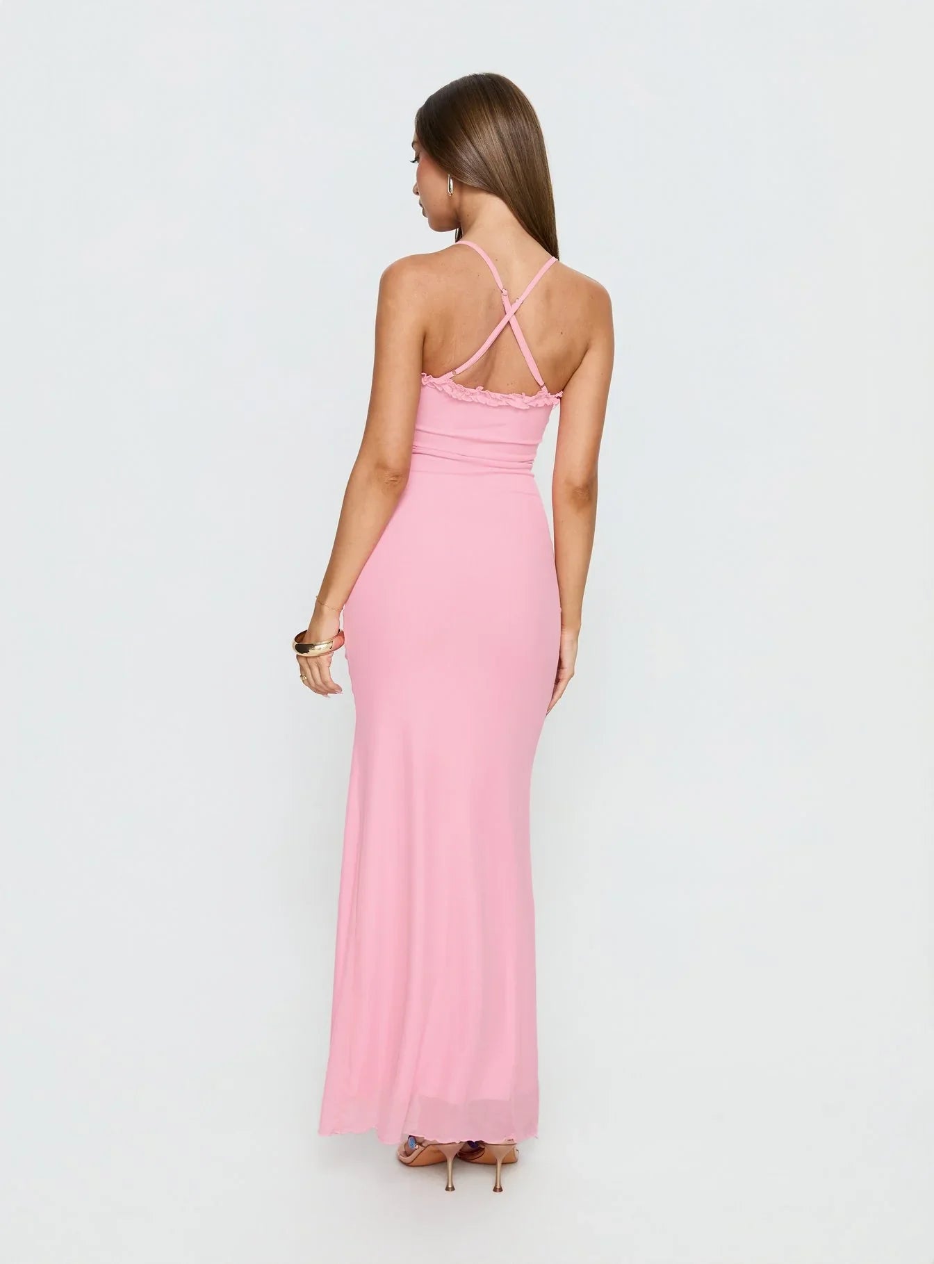 Pink Spaghetti Strap Prom Dress with Ruffled Bust Keyhole Cutout and Cross Back for Formal Events and Prom Nights