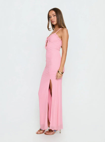Pink Spaghetti Strap Prom Dress with Ruffled Bust Keyhole Cutout and Cross Back for Formal Events and Prom Nights