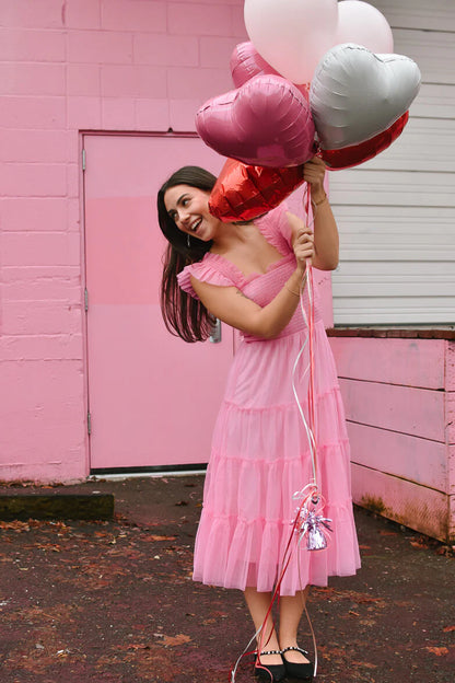 Pink Square Neck Ruffled Straps Tiered Tulle A Line Midi Prom Dress