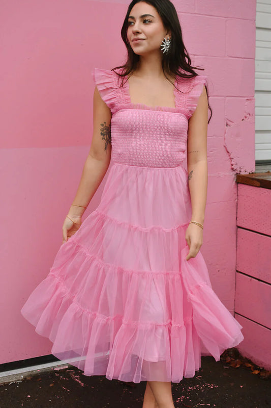Pink Square Neck Ruffled Straps Tiered Tulle A Line Midi Prom Dress