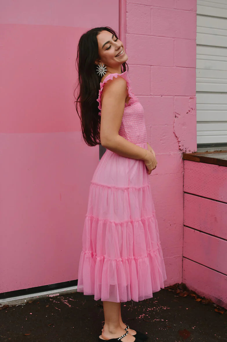 Pink Square Neck Ruffled Straps Tiered Tulle A Line Midi Prom Dress