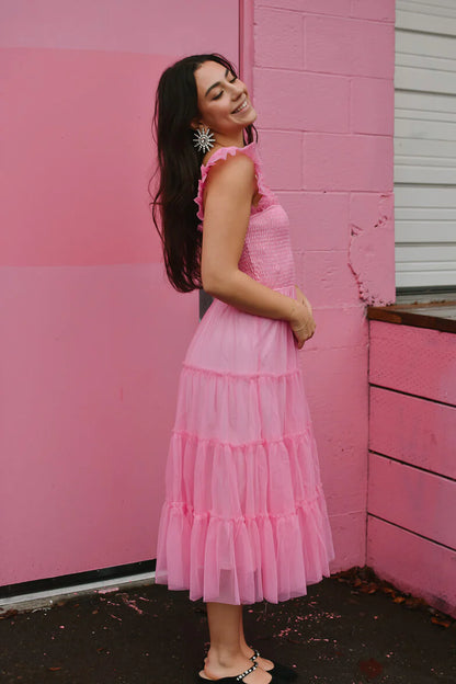 Pink Square Neck Ruffled Straps Tiered Tulle A Line Midi Prom Dress