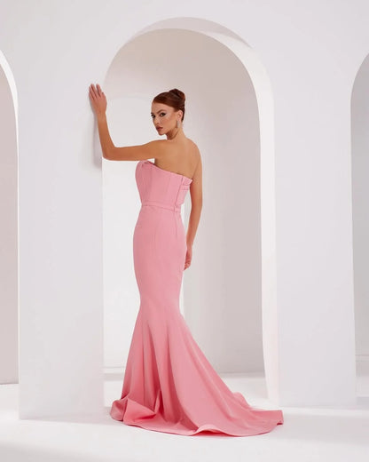 Pink Straight Across Sleeveless Mermaid Prom Dress