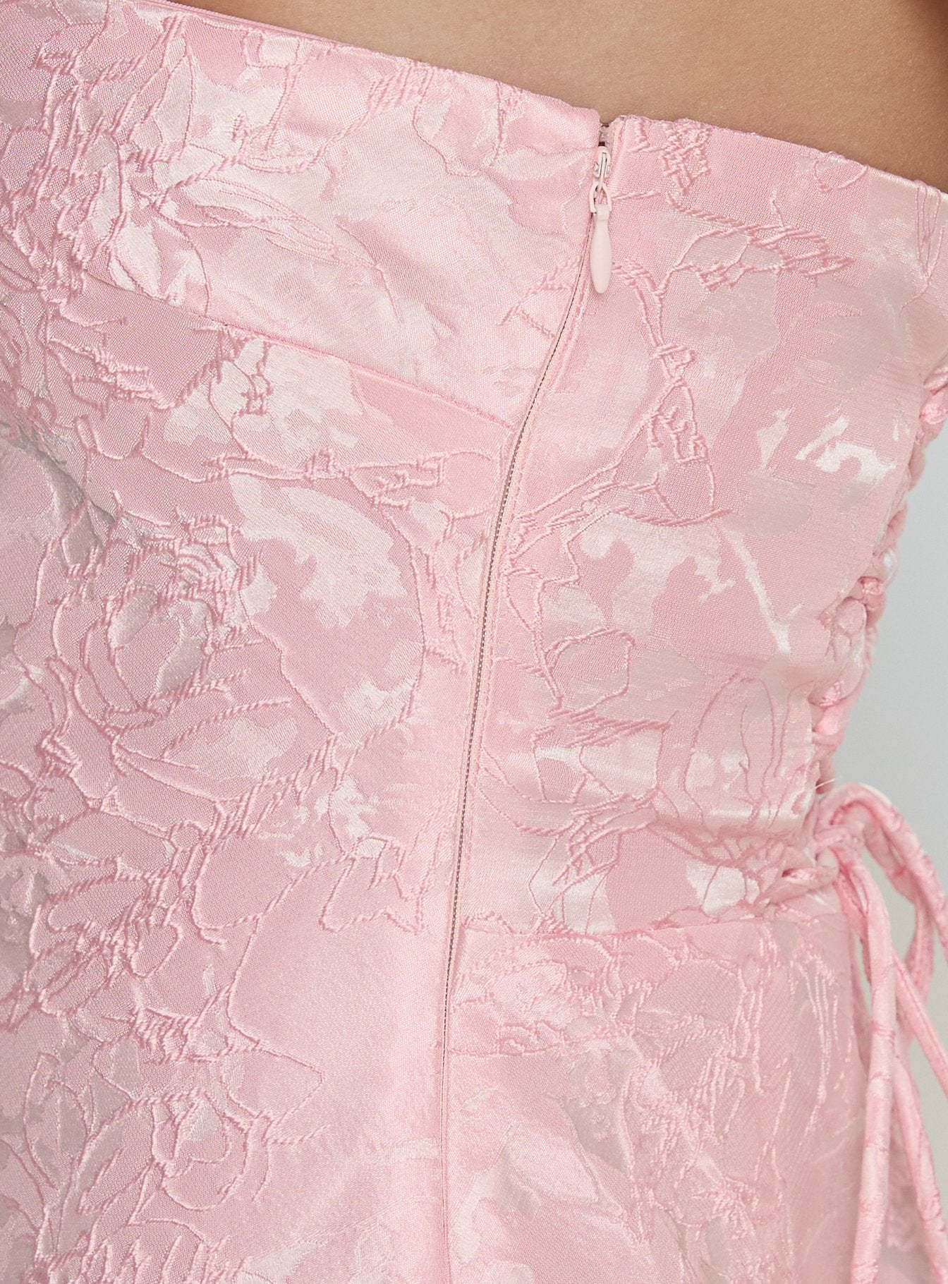 Pink Strapless Jacquard Prom Dress with Lace Up Corset Back and Mermaid Skirt for Formal Events and Prom Nights