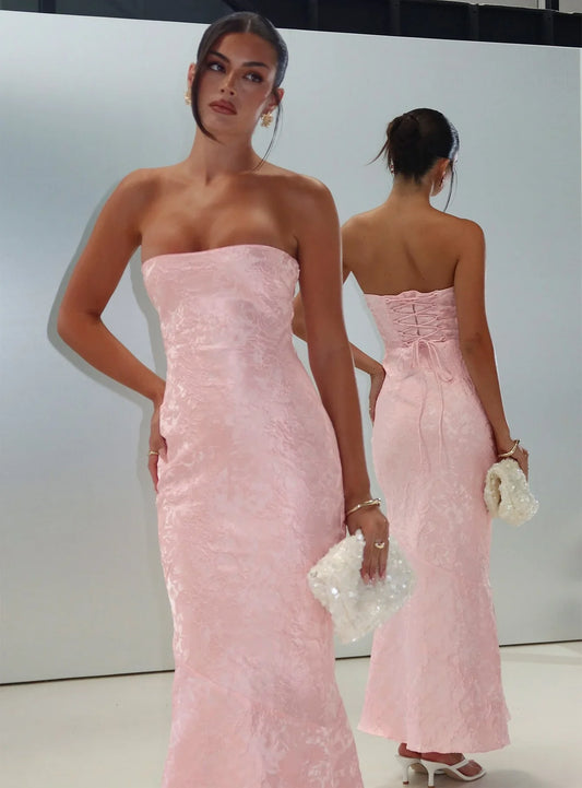 Pink Strapless Jacquard Prom Dress with Lace Up Corset Back and Mermaid Skirt for Formal Events and Prom Nights