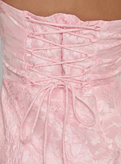 Pink Strapless Jacquard Prom Dress with Lace Up Corset Back and Mermaid Skirt for Formal Events and Prom Nights