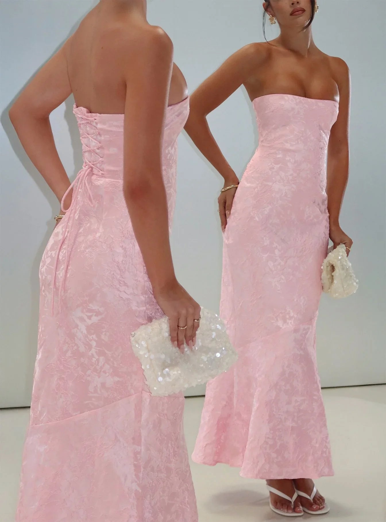 Pink Strapless Jacquard Prom Dress with Lace Up Corset Back and Mermaid Skirt for Formal Events and Prom Nights