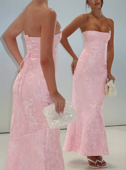 Pink Strapless Jacquard Prom Dress with Lace Up Corset Back and Mermaid Skirt for Formal Events and Prom Nights