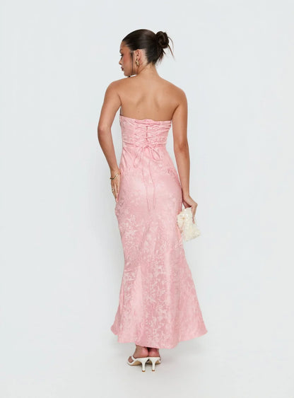 Pink Strapless Jacquard Prom Dress with Lace Up Corset Back and Mermaid Skirt for Formal Events and Prom Nights