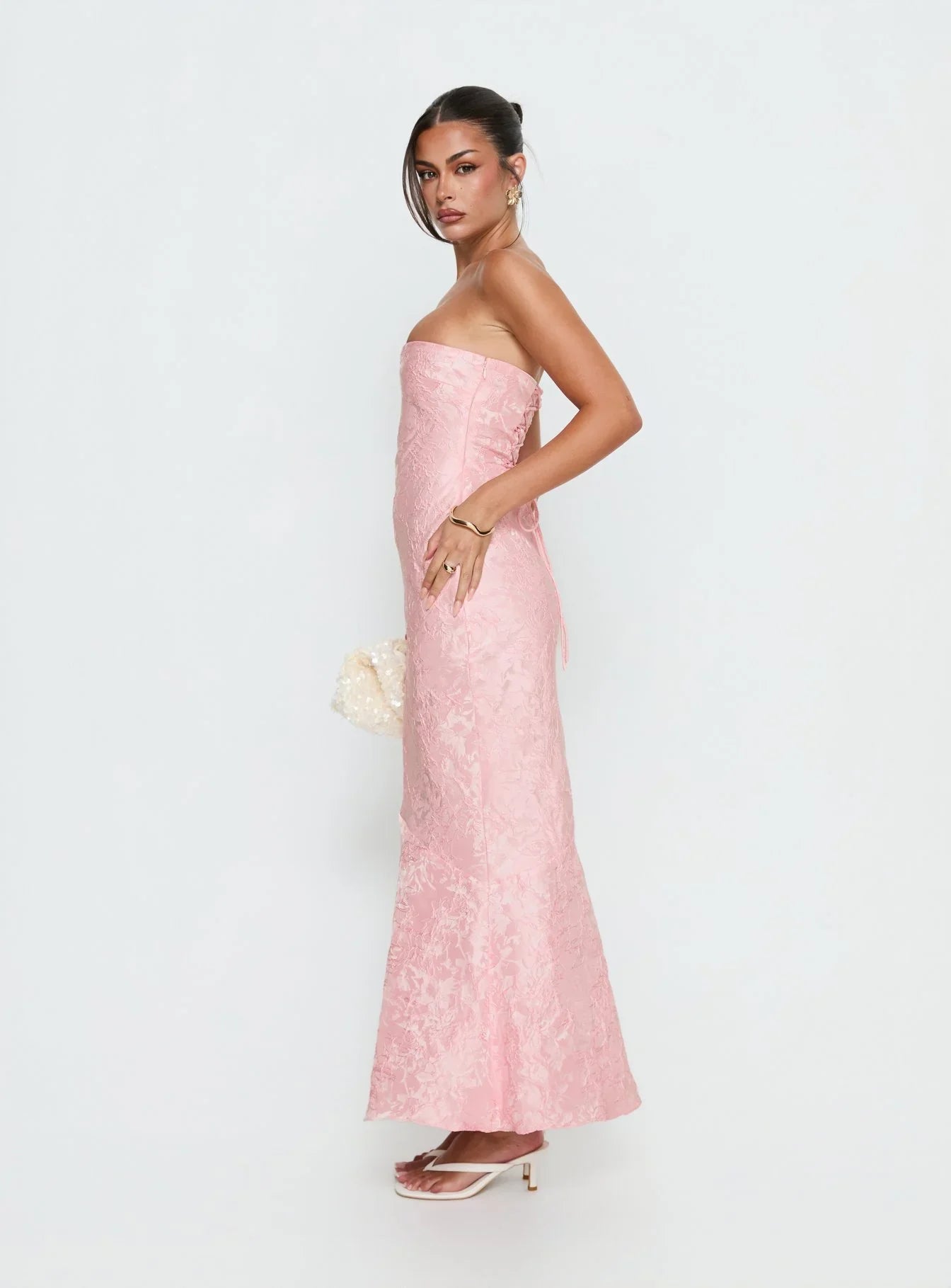 Pink Strapless Jacquard Prom Dress with Lace Up Corset Back and Mermaid Skirt for Formal Events and Prom Nights