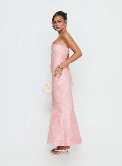 Pink Strapless Jacquard Prom Dress with Lace Up Corset Back and Mermaid Skirt for Formal Events and Prom Nights