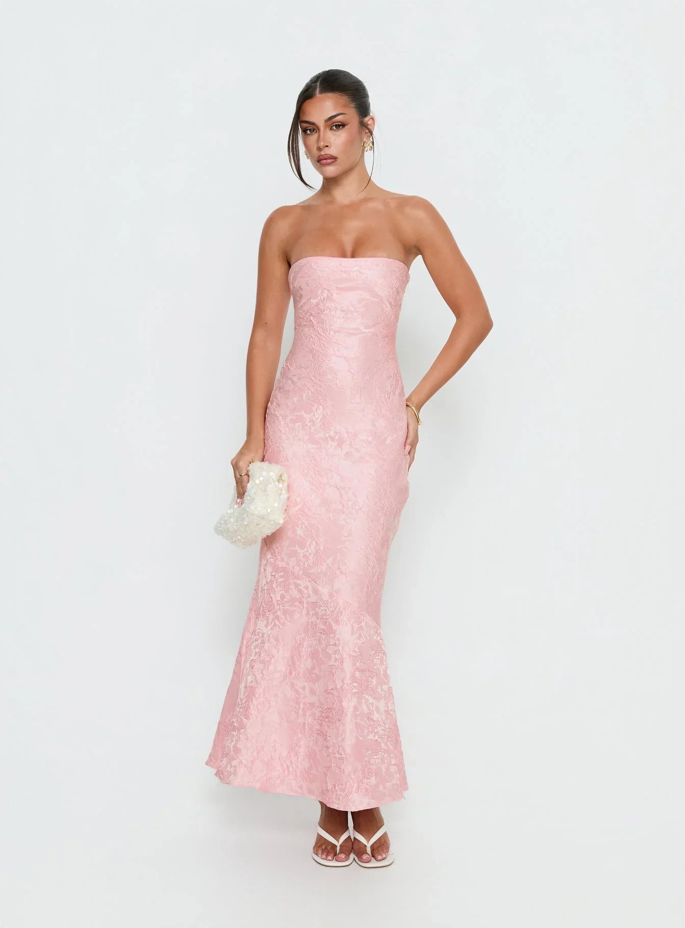 Pink Strapless Jacquard Prom Dress with Lace Up Corset Back and Mermaid Skirt for Formal Events and Prom Nights
