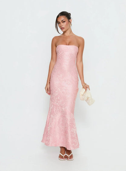 Pink Strapless Jacquard Prom Dress with Lace Up Corset Back and Mermaid Skirt for Formal Events and Prom Nights
