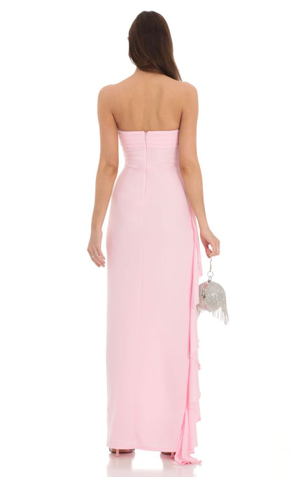 Pink Strapless Prom Dress With Pleated Bodice And High Slit Formal Prom Dress
