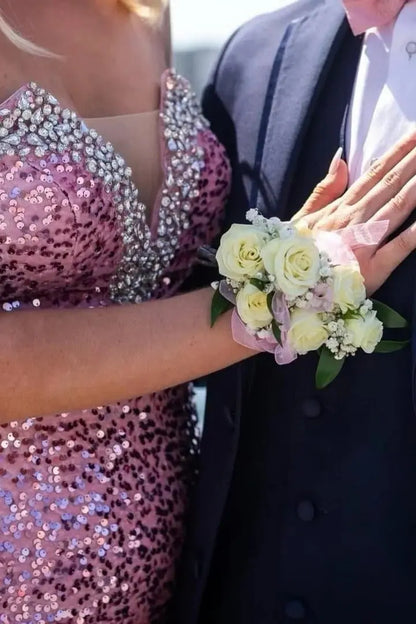 Pink Strapless Sequin Mermaid Prom Dress with Beaded Neckline and High Slit for Formal Events and Prom Nights