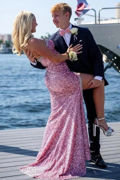 Pink Strapless Sequin Mermaid Prom Dress with Beaded Neckline and High Slit for Formal Events and Prom Nights