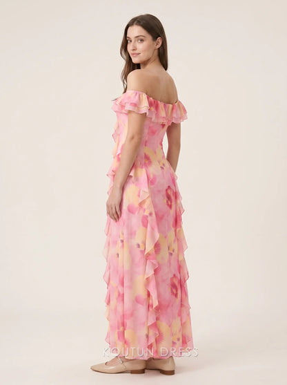 Pink Yellow Floral Print Off the Shoulder Ruffled Neckline Cascading Ruffle Chiffon A Line Floor Length Formal Evening Prom Dress