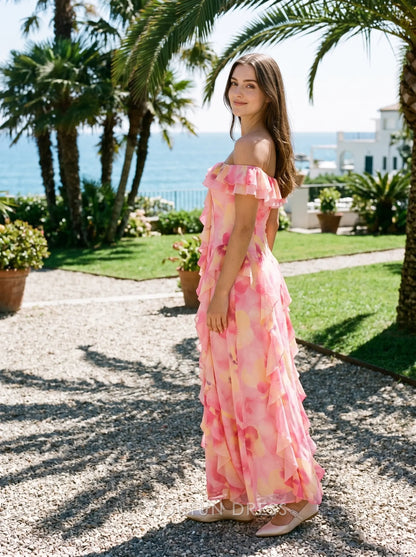 Pink Yellow Floral Print Off the Shoulder Ruffled Neckline Cascading Ruffle Chiffon A Line Floor Length Formal Evening Prom Dress