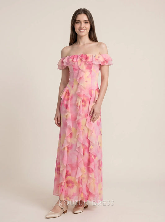 Pink Yellow Floral Print Off the Shoulder Ruffled Neckline Cascading Ruffle Chiffon A Line Floor Length Formal Evening Prom Dress