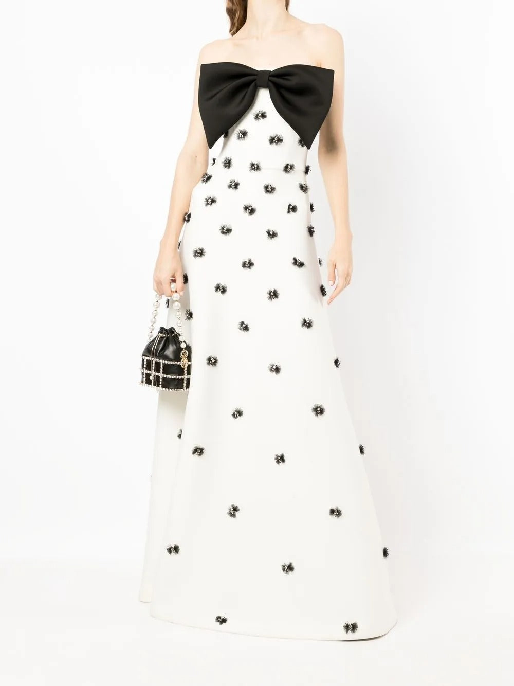 Playful Black & White Bow-Detail Strapless Prom Dress