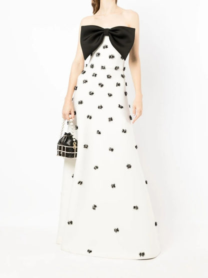 Playful Black & White Bow-Detail Strapless Prom Dress