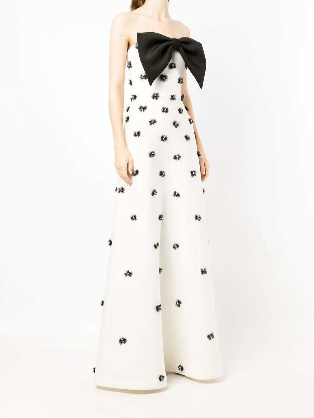 Playful Black & White Bow-Detail Strapless Prom Dress