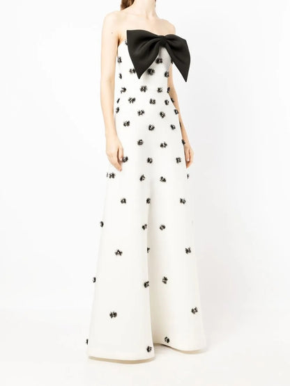 Playful Black & White Bow-Detail Strapless Prom Dress