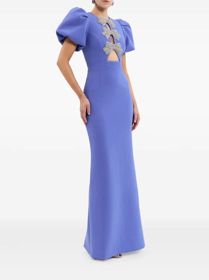 Playful Periwinkle Blue Puff-Sleeve Bow-Detail Prom Dress