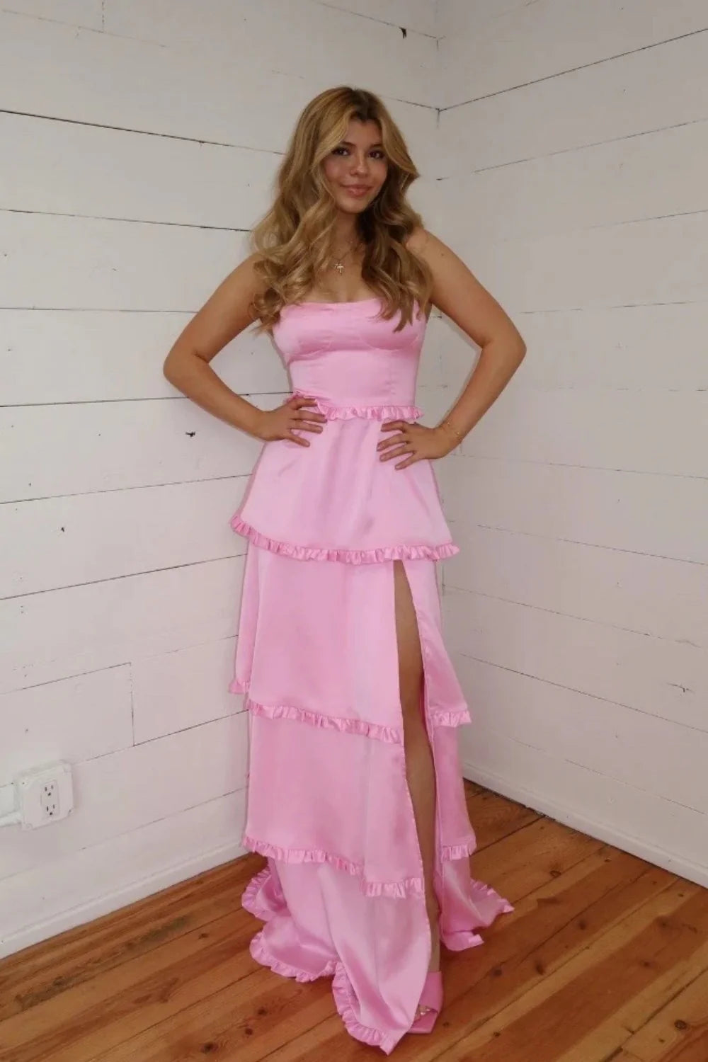 Playful Square Neck Ruffle Trim Tiered Satin Prom Dress with Lace Up Back and High Slit