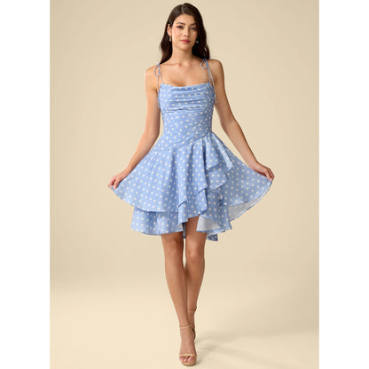Playful A-Line Cowl Neck Sleeveless Polka Dot Ruffled Short Light Blue Homecoming Dress