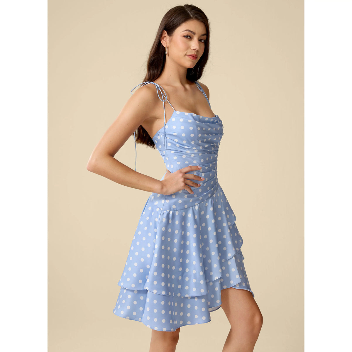 Playful A-Line Cowl Neck Sleeveless Polka Dot Ruffled Short Light Blue Homecoming Dress
