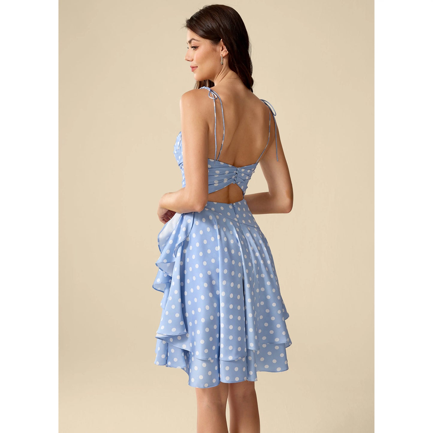 Playful A-Line Cowl Neck Sleeveless Polka Dot Ruffled Short Light Blue Homecoming Dress