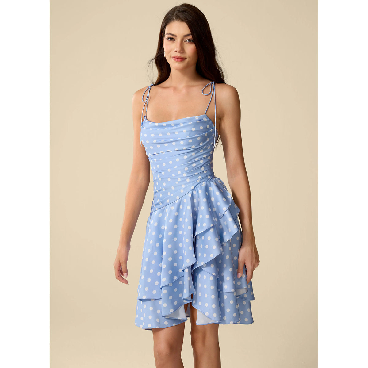 Playful A-Line Cowl Neck Sleeveless Polka Dot Ruffled Short Light Blue Homecoming Dress
