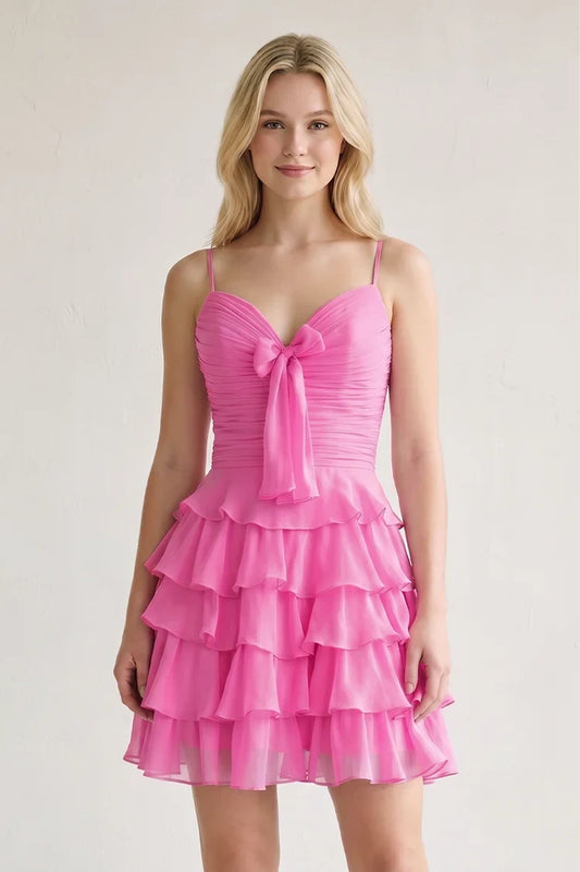 Playful A-Line Sweetheart Sleeveless Ruffled Bow Hot Pink Short Homecoming Dress