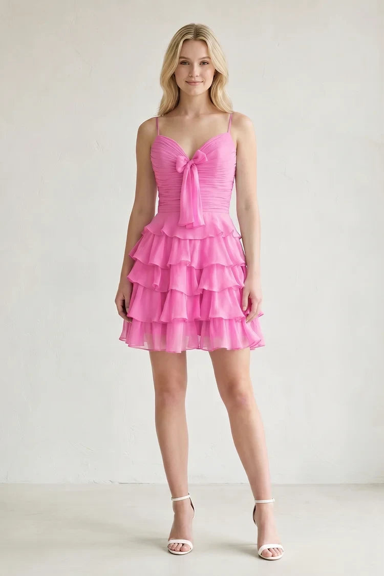 Playful A-Line Sweetheart Sleeveless Ruffled Bow Hot Pink Short Homecoming Dress
