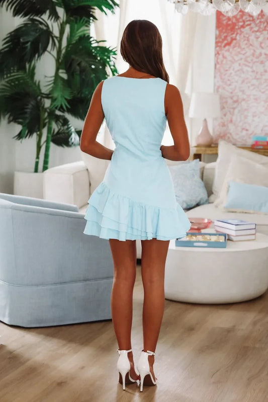 Playful A-Line Sweetheart Sleeveless Ruffled Tiered Sky Blue Mini Homecoming Dress