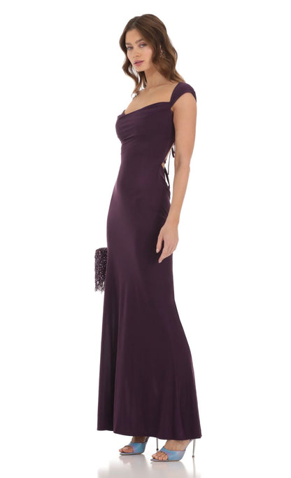 Plum Cap Sleeve Prom Dress With Sweetheart Neckline And Lace-Up Back Jersey Formal Prom Dress