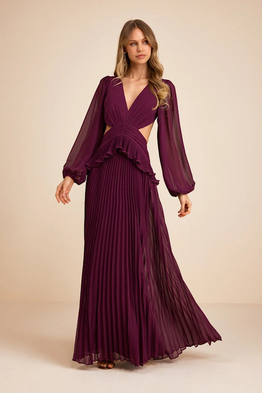 Plum Long Sleeve Prom Dress With V Neck Open Back Cutout Waist And Pleated Chiffon A Line Formal Prom Dress