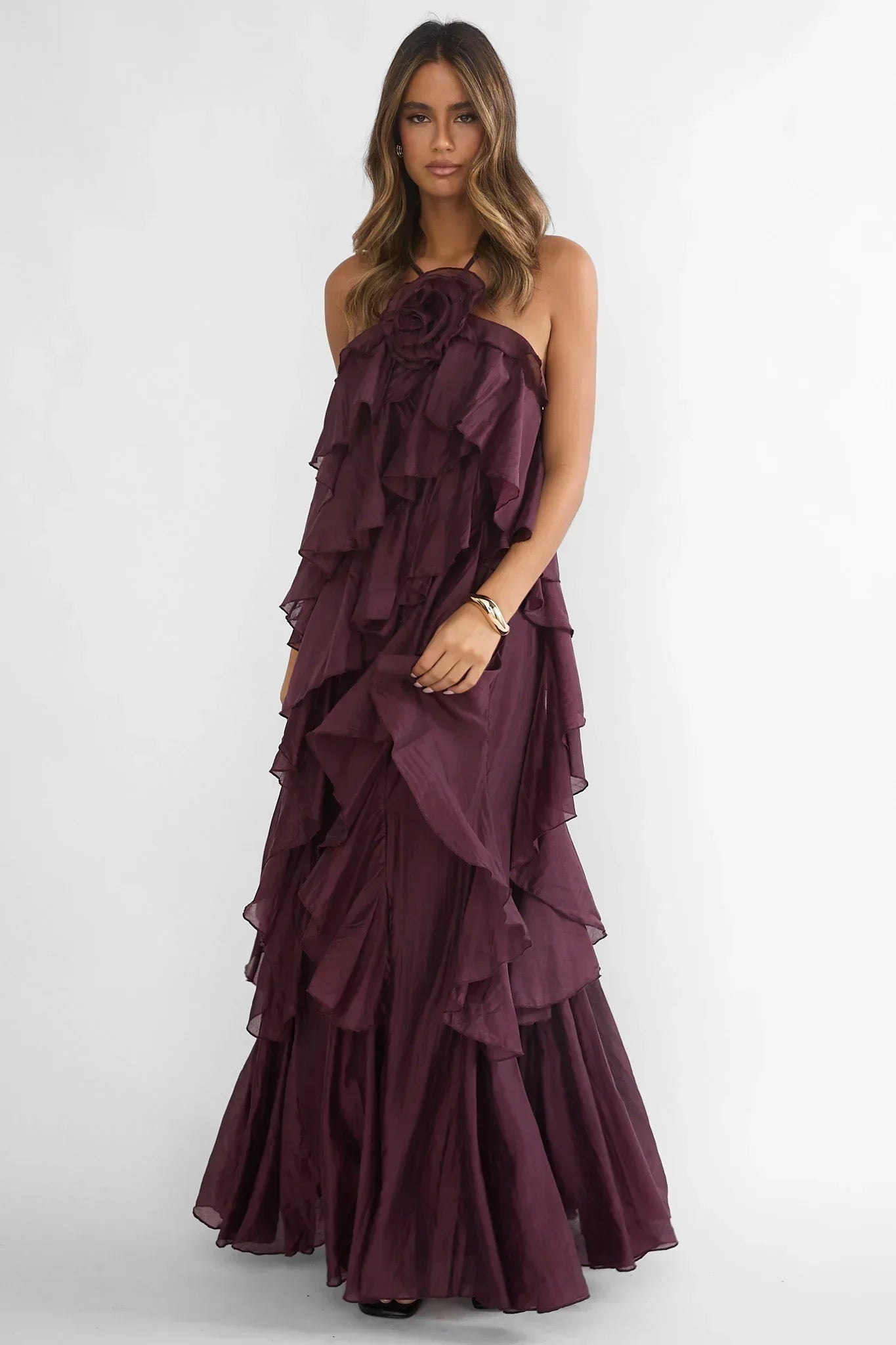 Plum Purple Halter Neck Tiered Ruffle 3D Rose Open Back Floor Length Formal Evening Prom Dress
