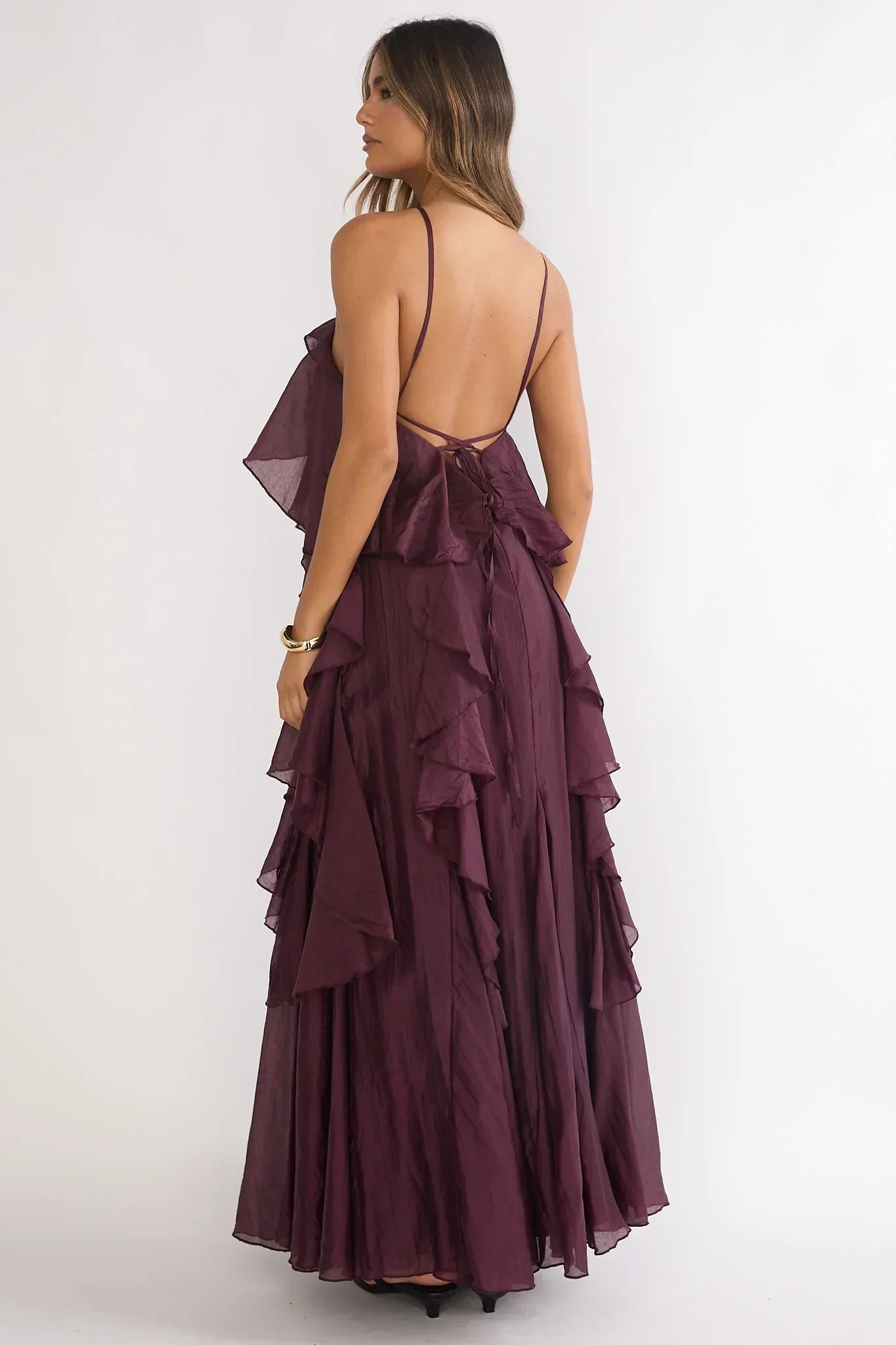Plum Purple Halter Neck Tiered Ruffle 3D Rose Open Back Floor Length Formal Evening Prom Dress