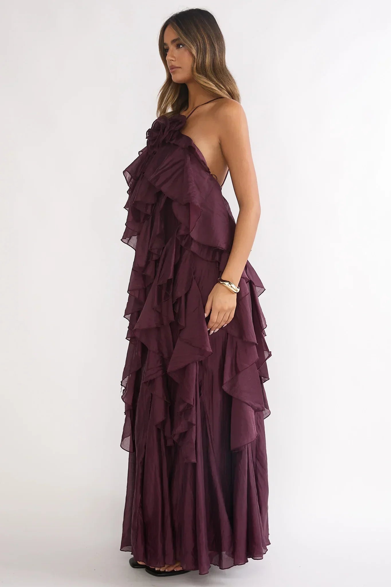 Plum Purple Halter Neck Tiered Ruffle 3D Rose Open Back Floor Length Formal Evening Prom Dress