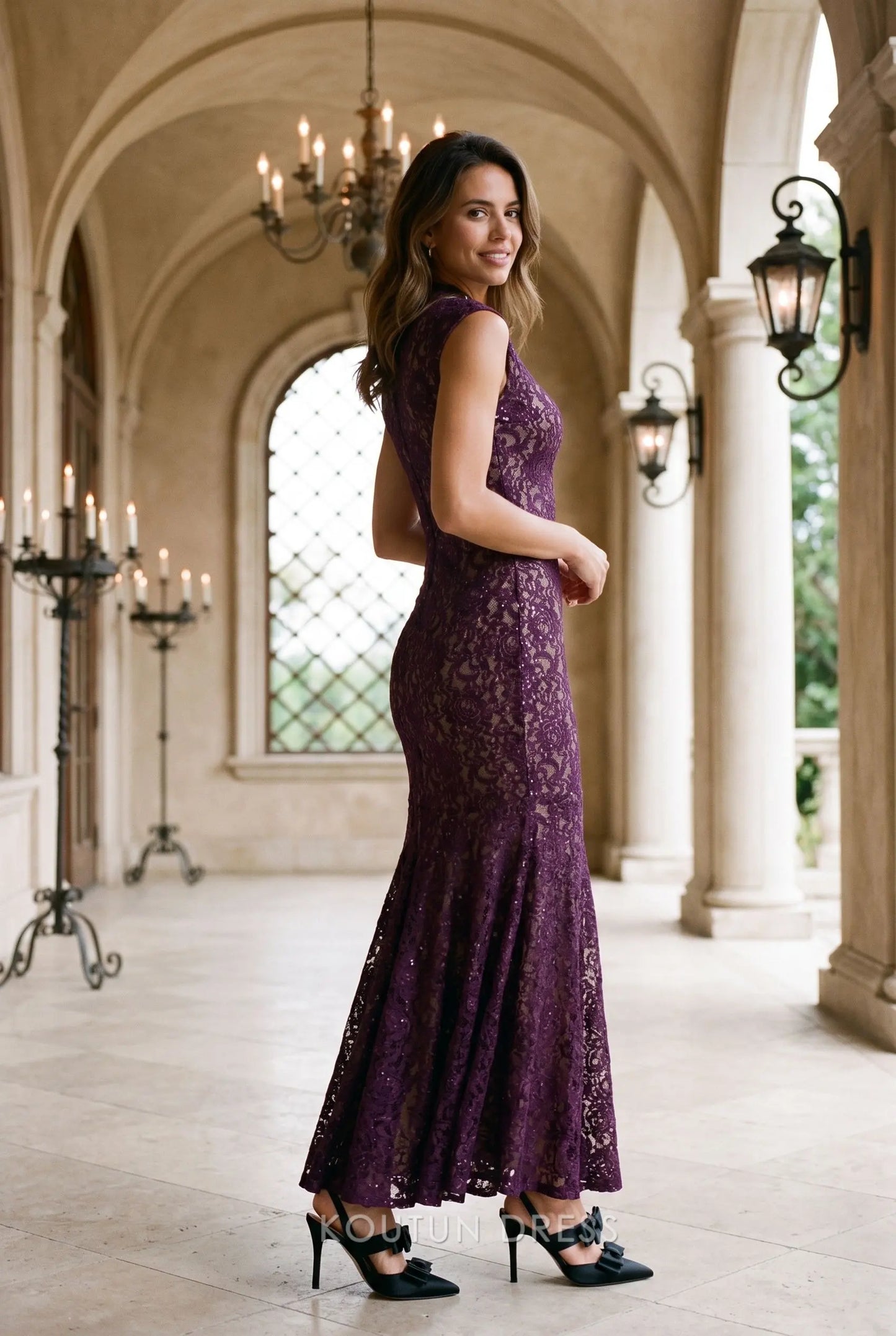 Plum Purple Sequin Floral Lace High Neck Sleeveless Mermaid Maxi Prom Dress