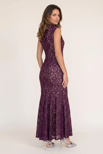 Plum Purple Sequin Floral Lace High Neck Sleeveless Mermaid Maxi Prom Dress