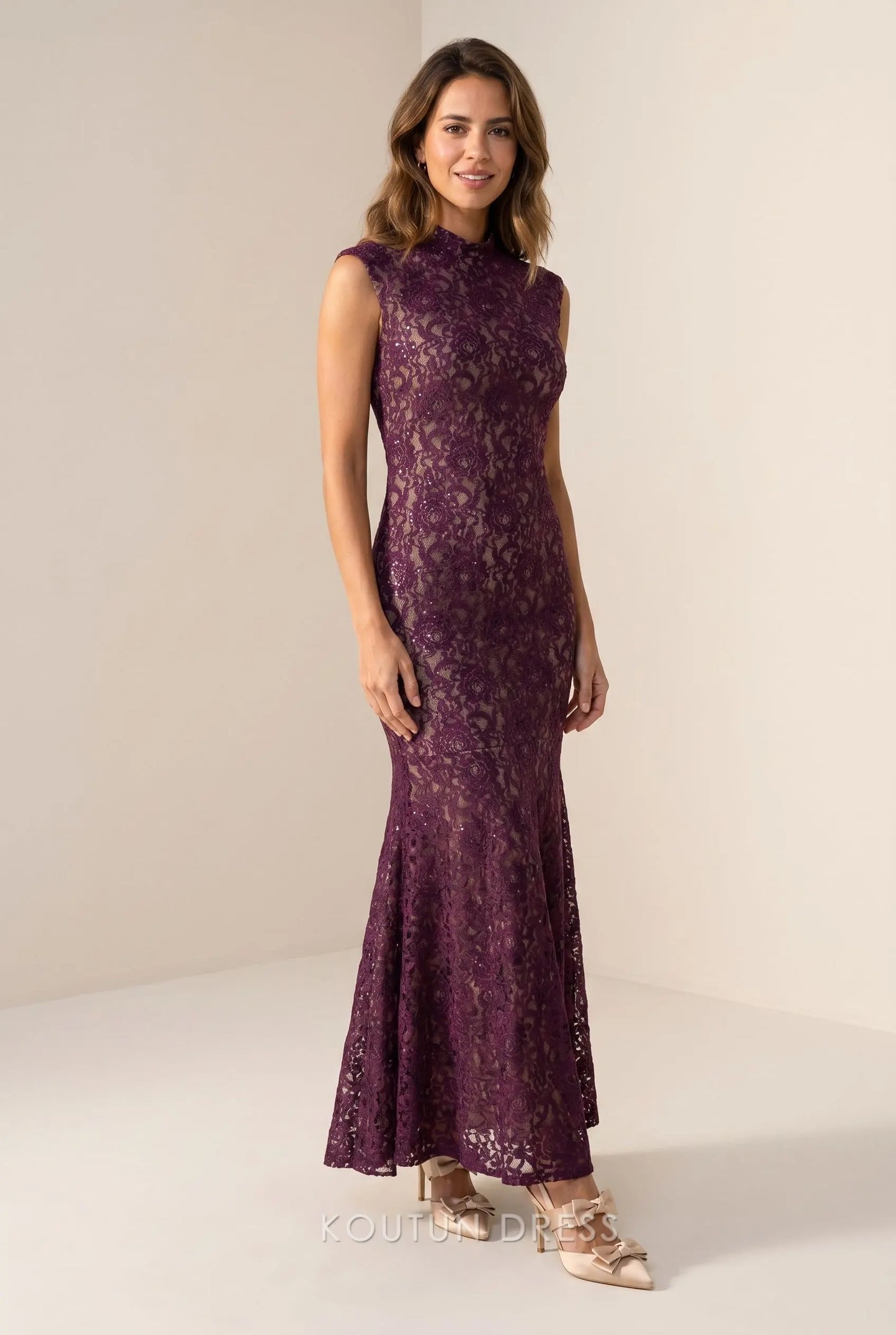 Plum Purple Sequin Floral Lace High Neck Sleeveless Mermaid Maxi Prom Dress