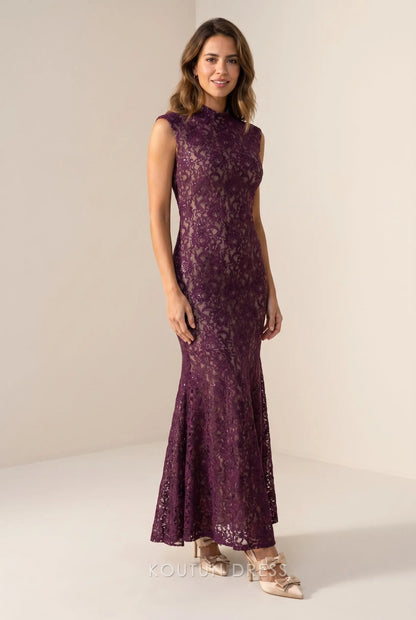 Plum Purple Sequin Floral Lace High Neck Sleeveless Mermaid Maxi Prom Dress
