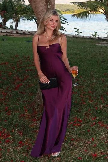 Plum Purple Spaghetti Strap Satin Evening Dresses with Open Back Chest Cutout Side Slit Floor-Length Skirt for Beach Party and Wedding Guest
