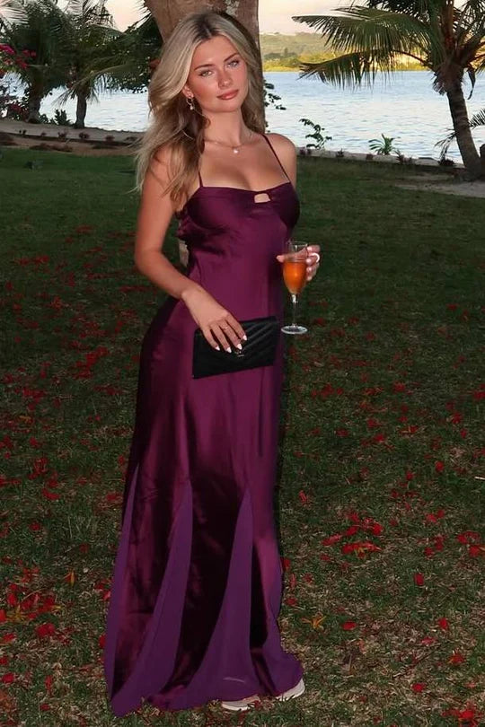 Plum Purple Spaghetti Strap Satin Evening Dresses with Open Back Chest Cutout Side Slit Floor-Length Skirt for Beach Party and Wedding Guest
