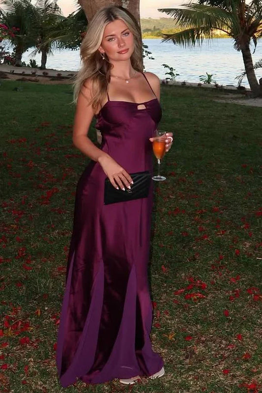 Plum Purple Spaghetti Strap Satin Evening Dresses with Open Back Chest Cutout Side Slit Floor-Length Skirt for Beach Party and Wedding Guest